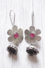 Flower Motif Jhumka Earrings with Pink Center Stone