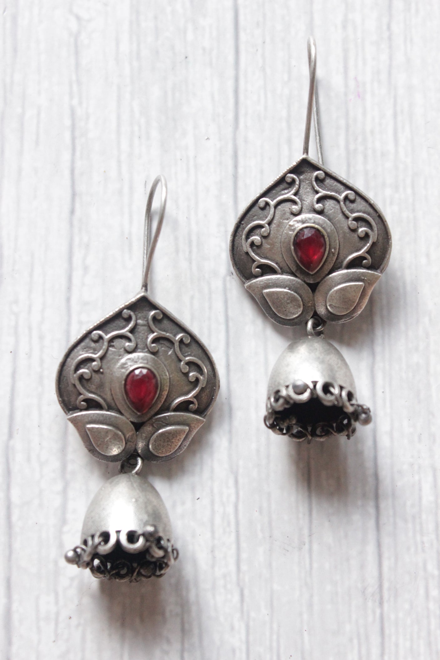 Red Center Stone Oxidised Finish Jhumka Earrings