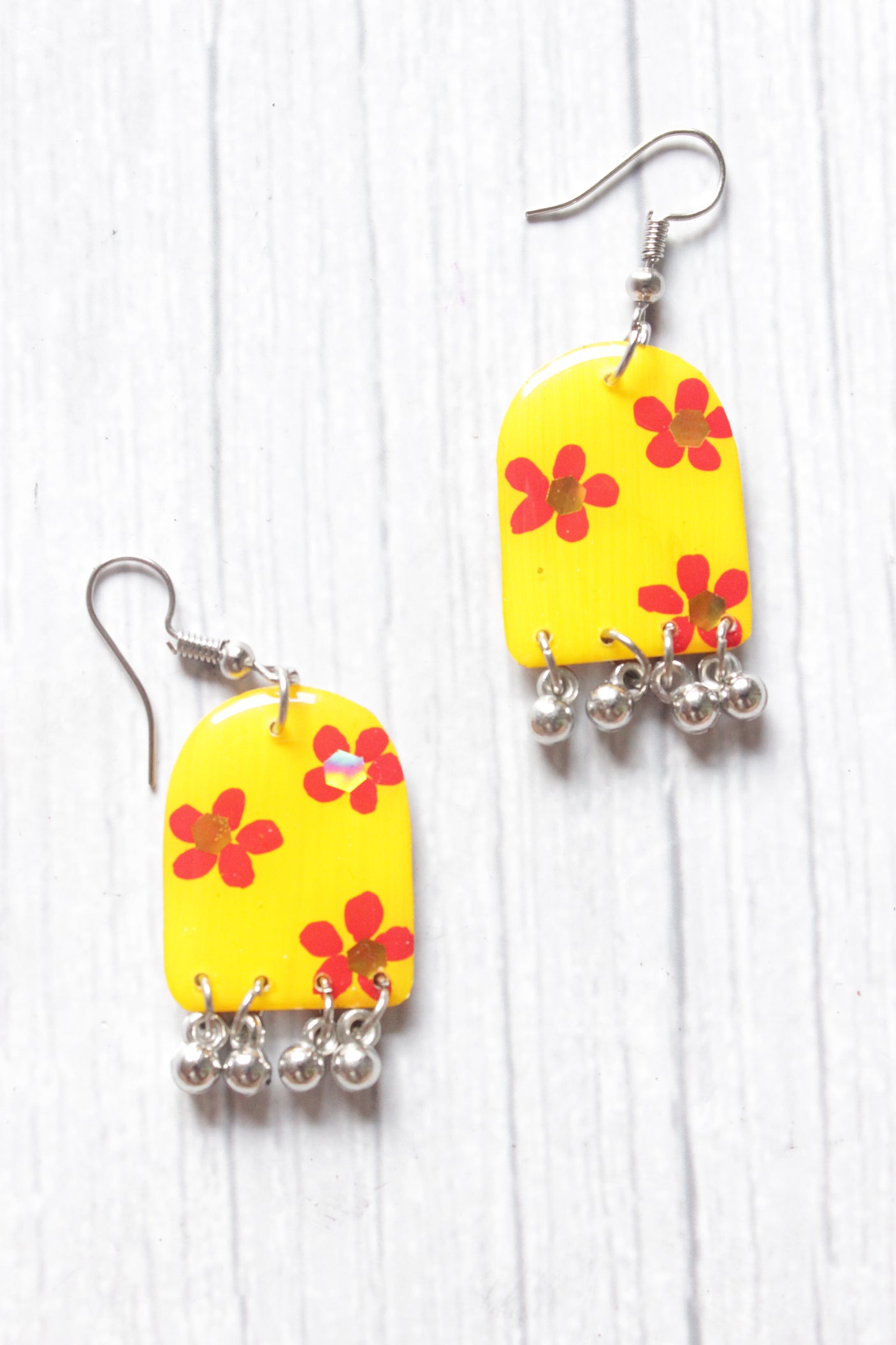 Handpainted Flowers Acrylic Plastic Yellow Dangler Earrings