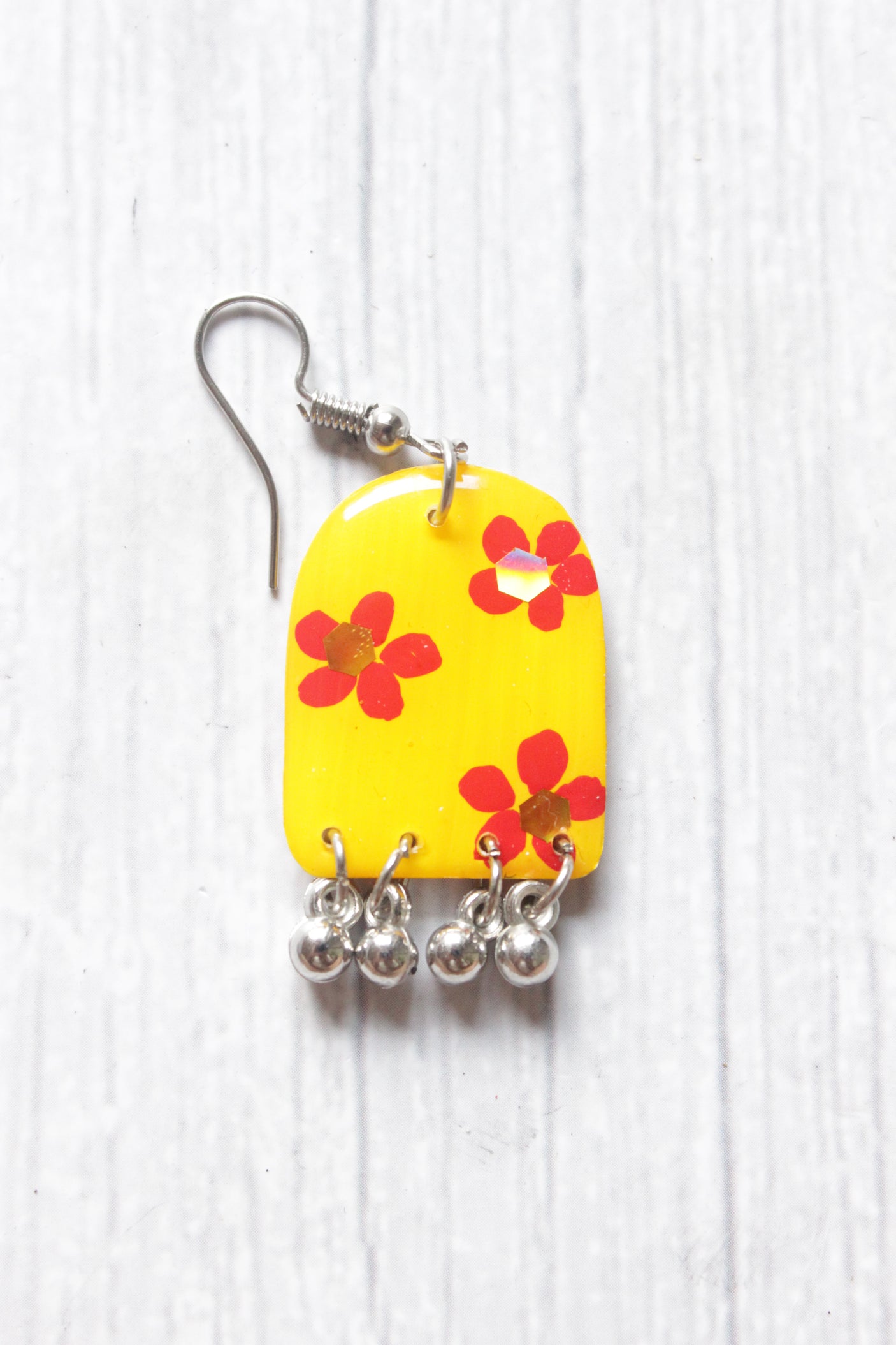 Handpainted Flowers Acrylic Plastic Yellow Dangler Earrings