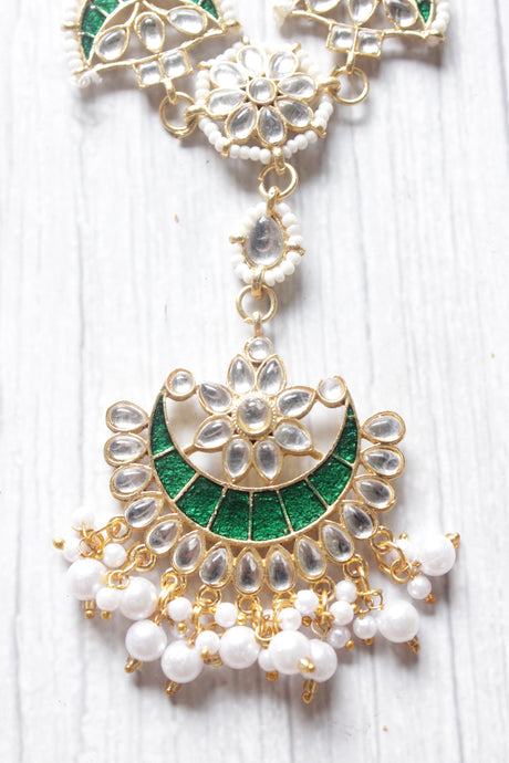 Green Enamel Painted Kundan Stones Embedded Elaborate Gold Finish Matha Patti