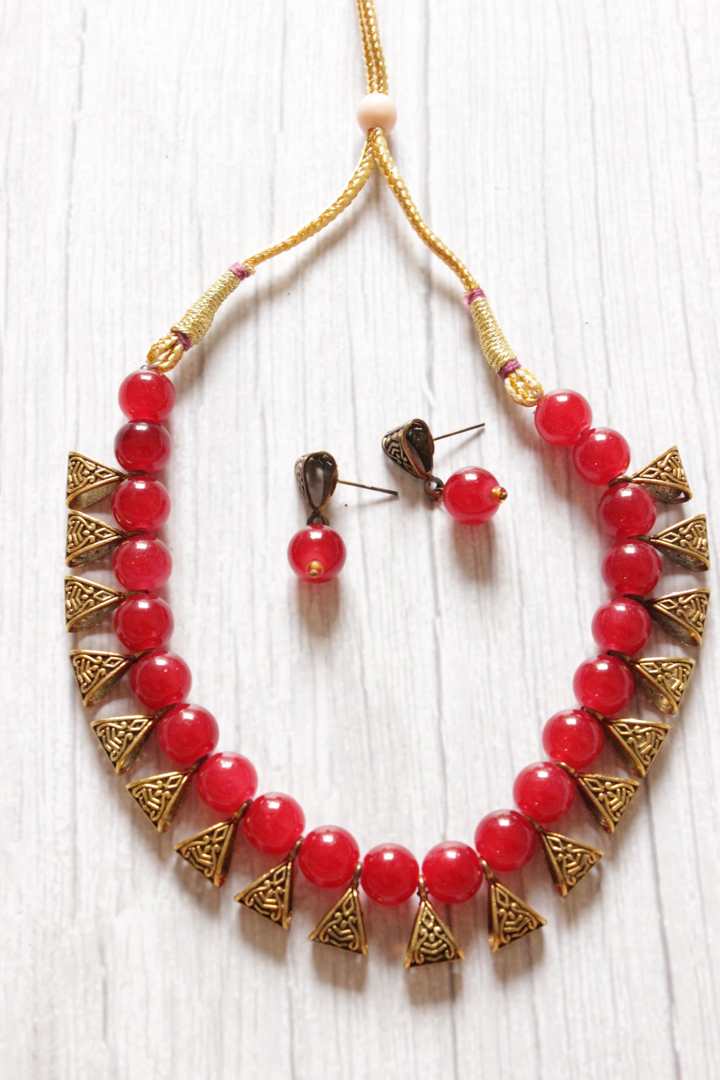 Gold-Toned Red Glass Beads Choker Necklace Set