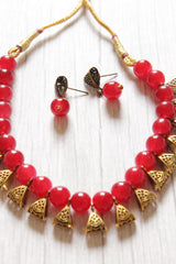 Gold-Toned Red Glass Beads Choker Necklace Set