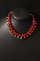 Gold-Toned Red Glass Beads Choker Necklace Set