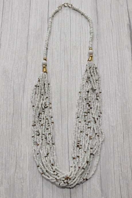 White & Golden Braided Acrylic Beads Necklace