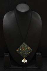 Elegant Handcrafted Ajrakh Fabric Necklace Embellished with Shells