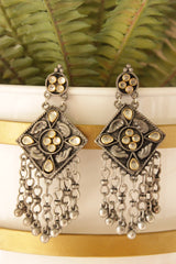 White Rhinestones Embedded Oxidised Finish Statement Long Dangler Earrings