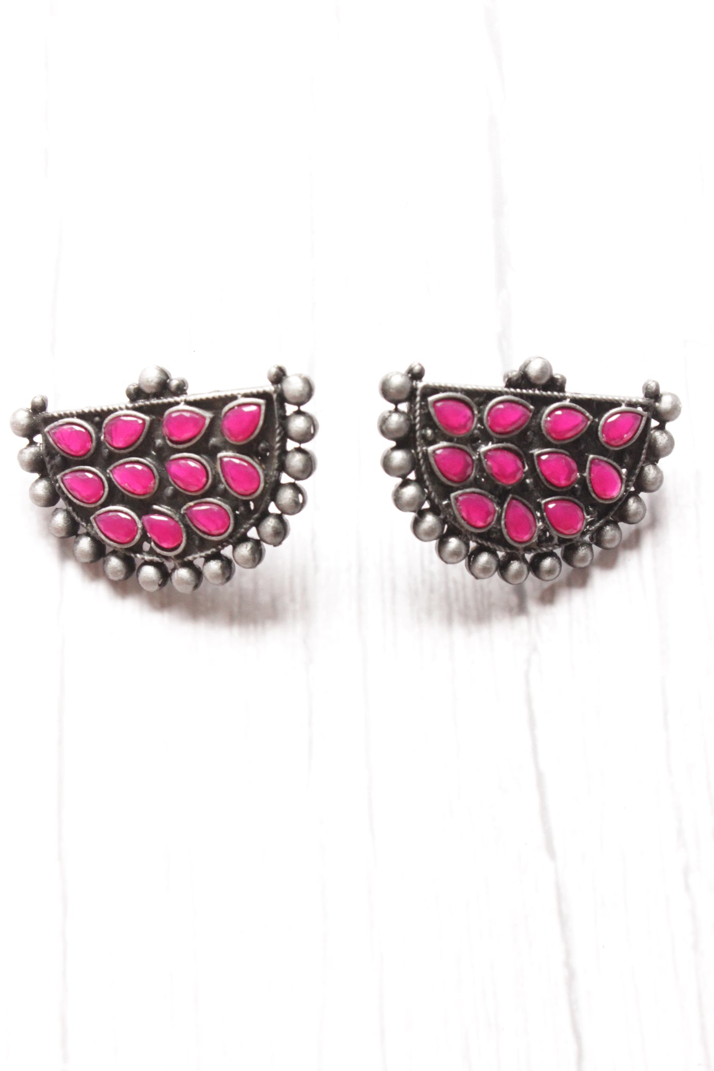 Half Moon Shape Fuchsia Glass Stones Embedded Oxidised Finish Stud Earrings