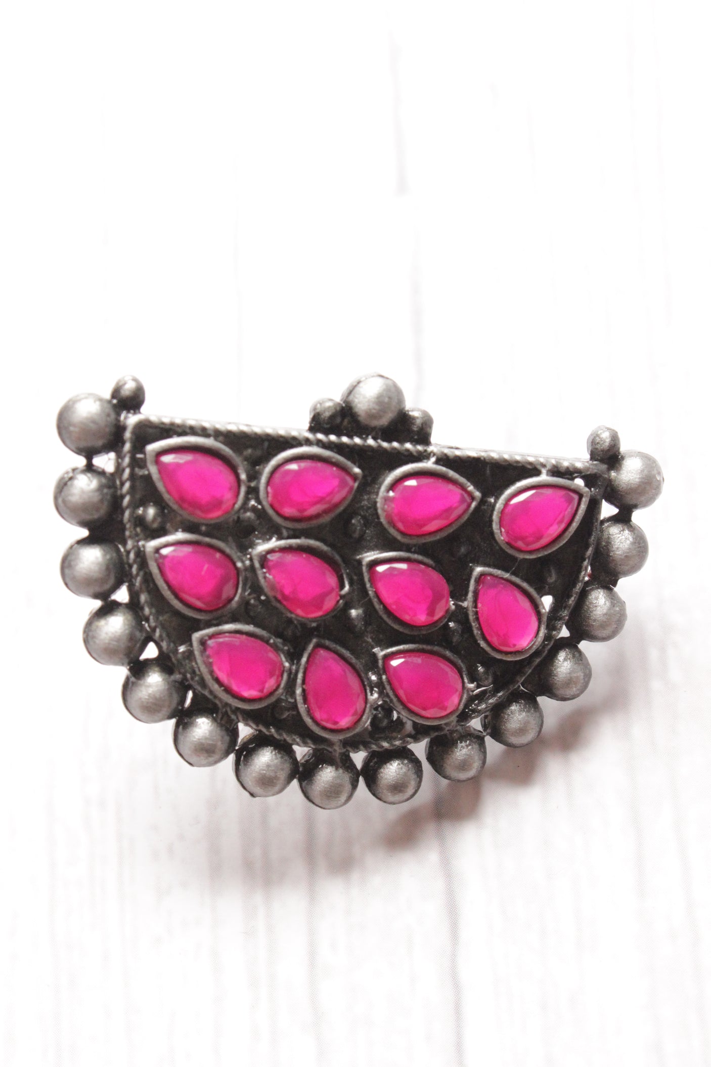 Half Moon Shape Fuchsia Glass Stones Embedded Oxidised Finish Stud Earrings