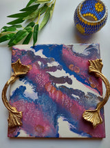 Vibrant Painted Premium Wood Serving Tray with Gold Painted Handles