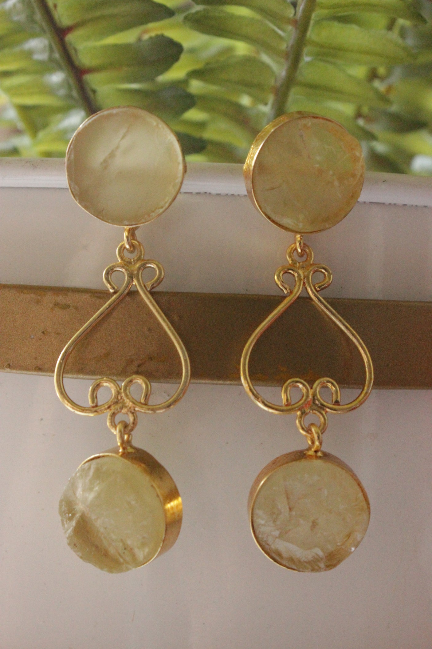 Lemon Quartz Natural Gemstone Gold Plated Modern Contemporary Dangler Earrings