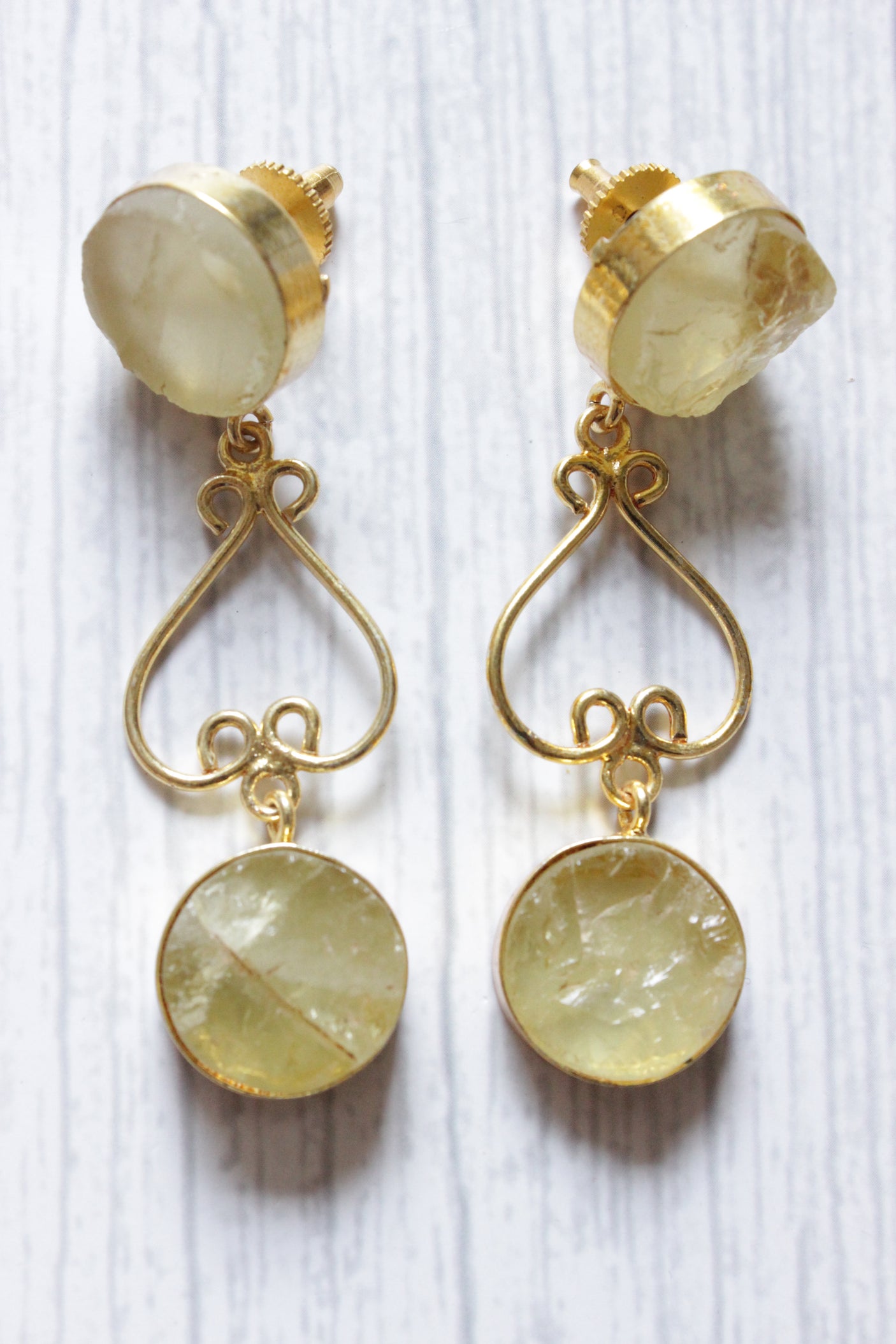 Lemon Quartz Natural Gemstone Gold Plated Modern Contemporary Dangler Earrings