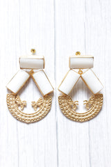 White Pearl Natural Gemstone Gold Plated Intricately Detailed Circular Dangler Earrings