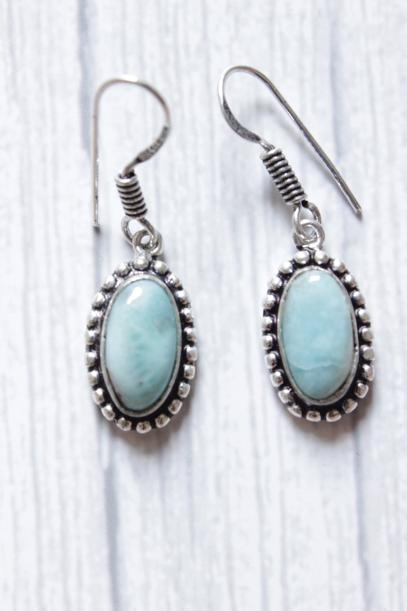 Caribbean Larimar Oval Aqua Gemstone Natural Hook Earrings