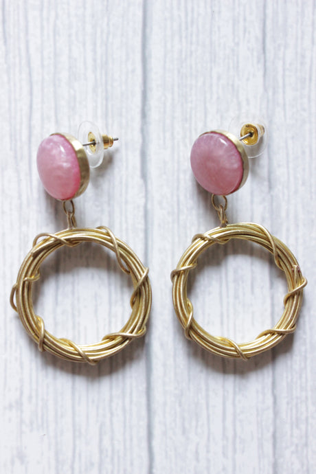 Pink Natural Stone Brass Contemporary Hoop Earrings