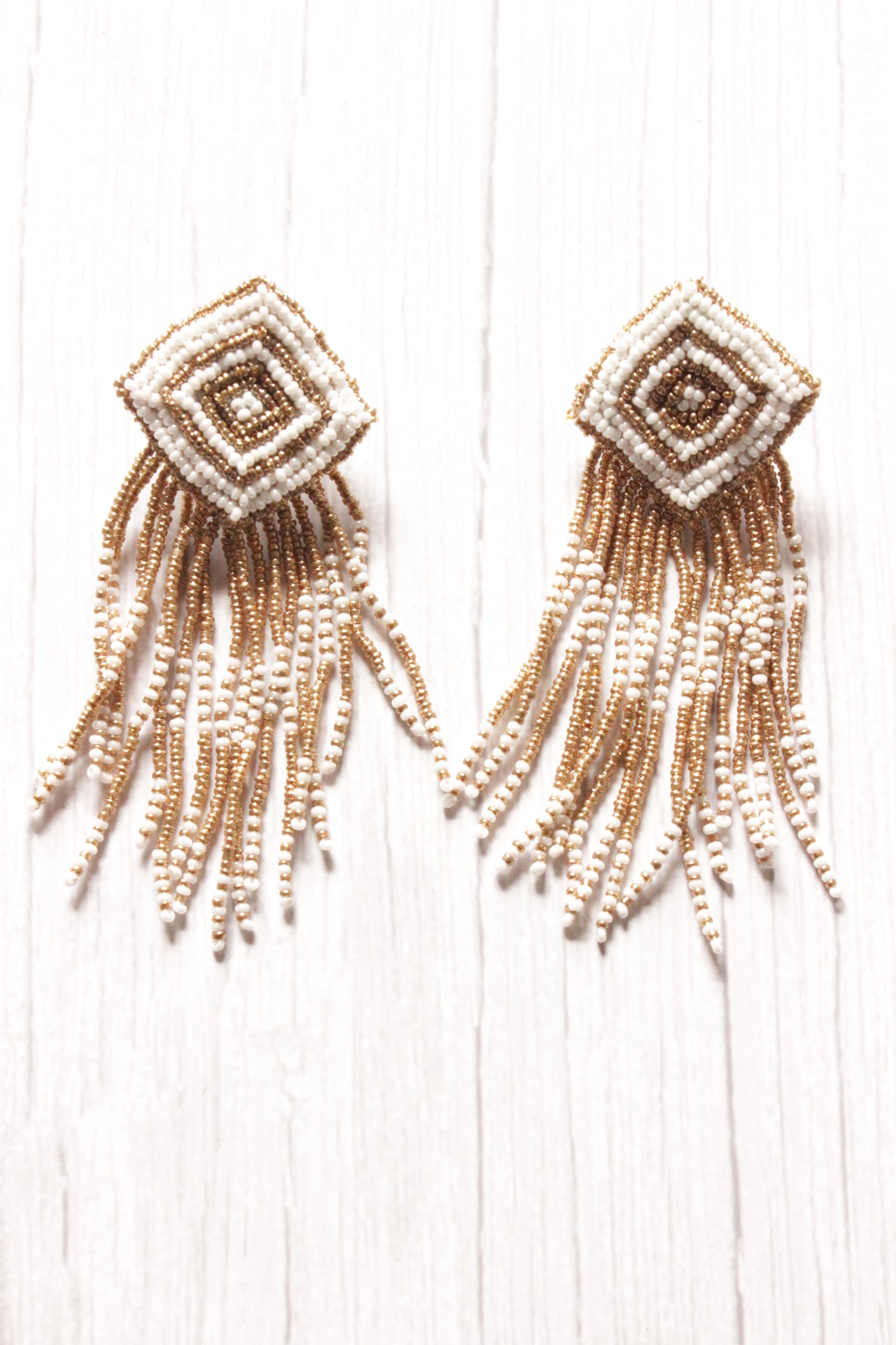 White and Golden Hand Braided Beads Boho Dangler Earrings