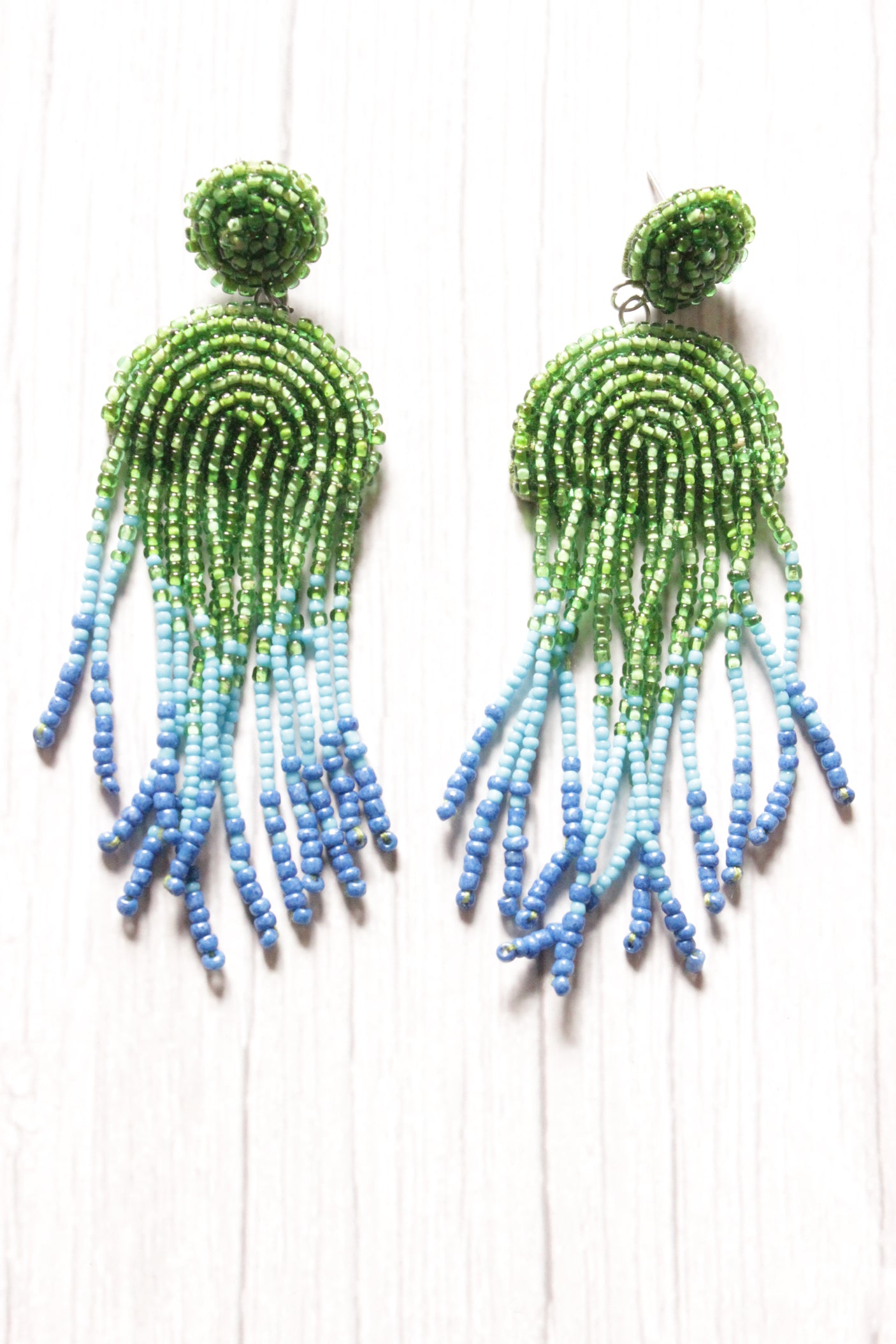 Shades of Blue and Green Hand Braided Beads Boho Dangler Earrings