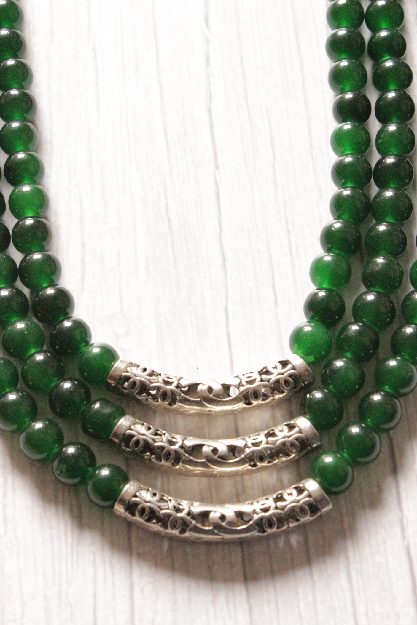 Green Glass Beads Metal 3 Layer Necklace