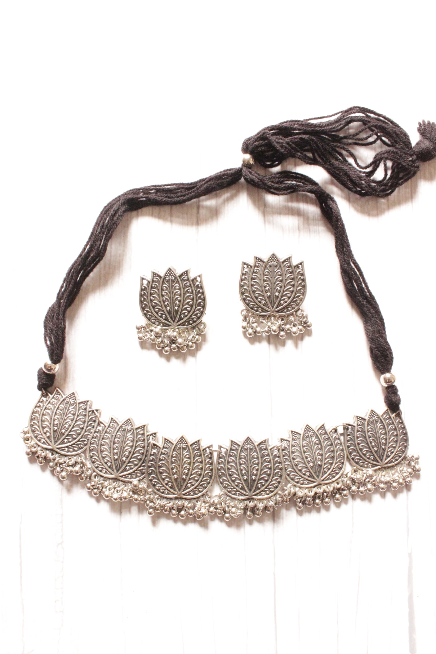 Lotus Motifs Silver Finish Metal Choker Necklace Set