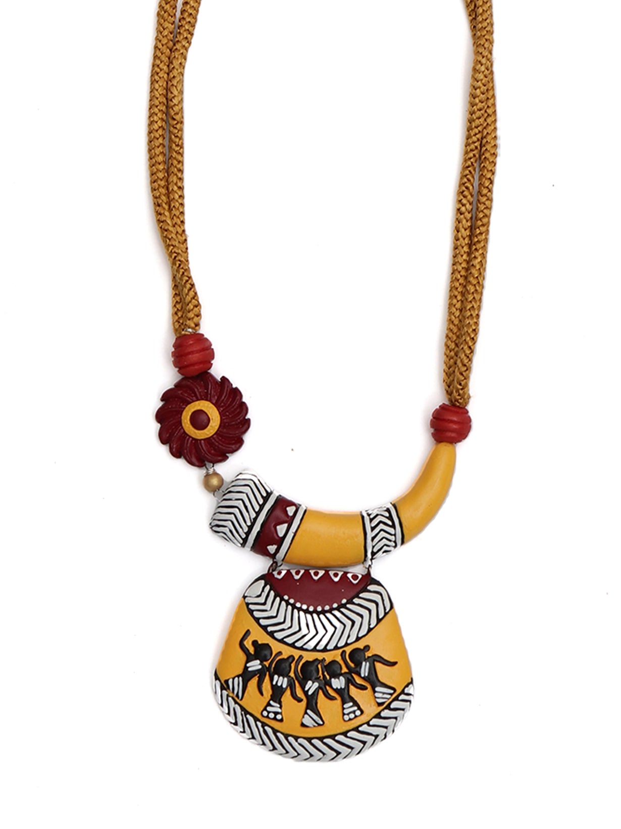 Tribal Motifs Red & Yellow Beaded Terracotta Necklace Set