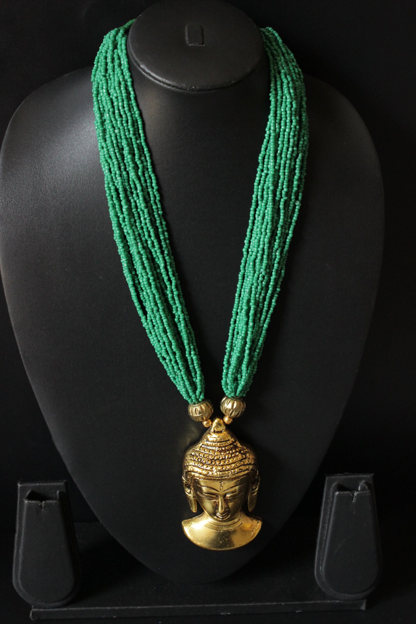Green Beads Handcrafted Long Buddha Pendant Necklace
