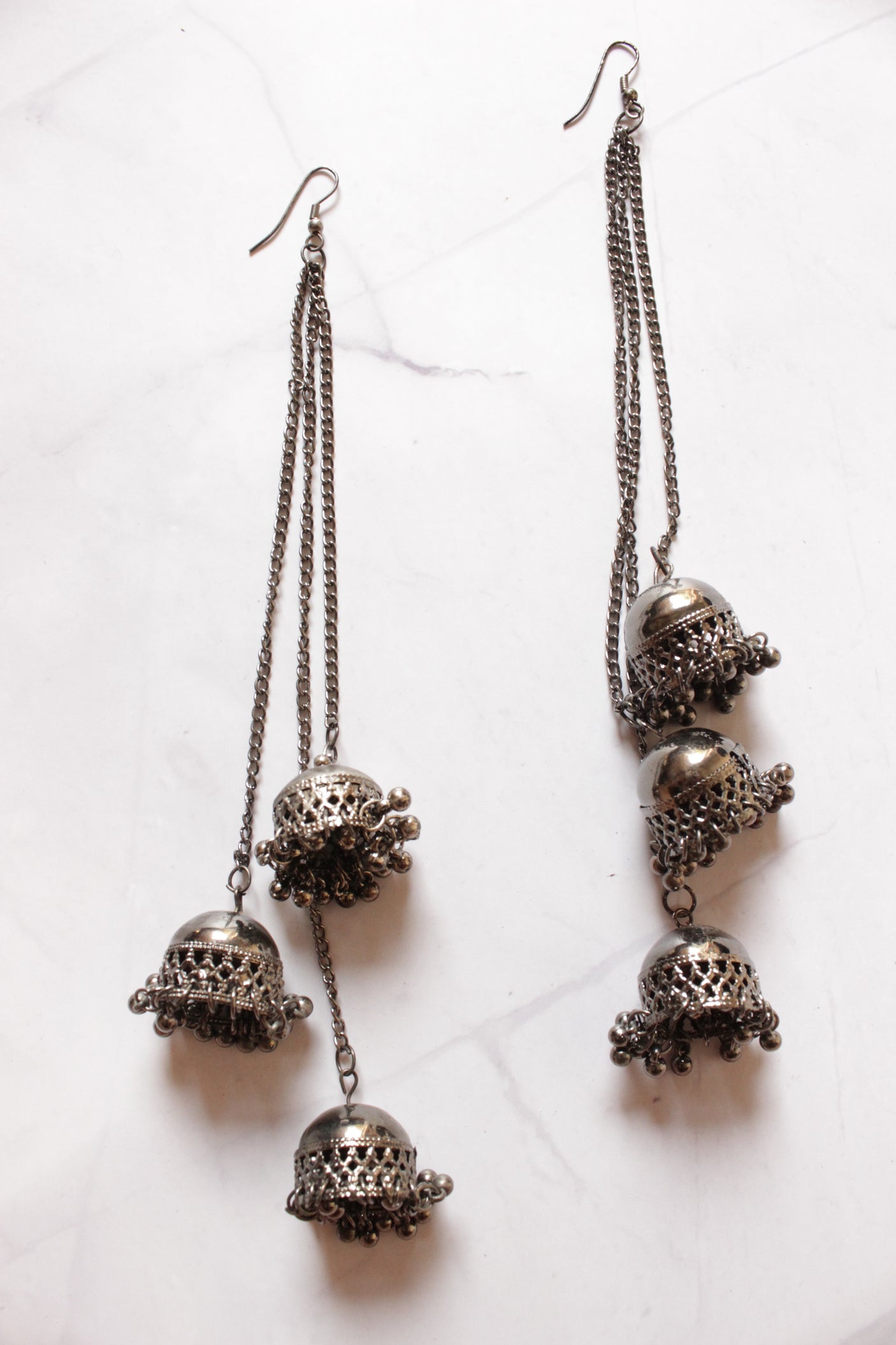Oxidised Finish Long Earrings with 3 Jhumka Strands
