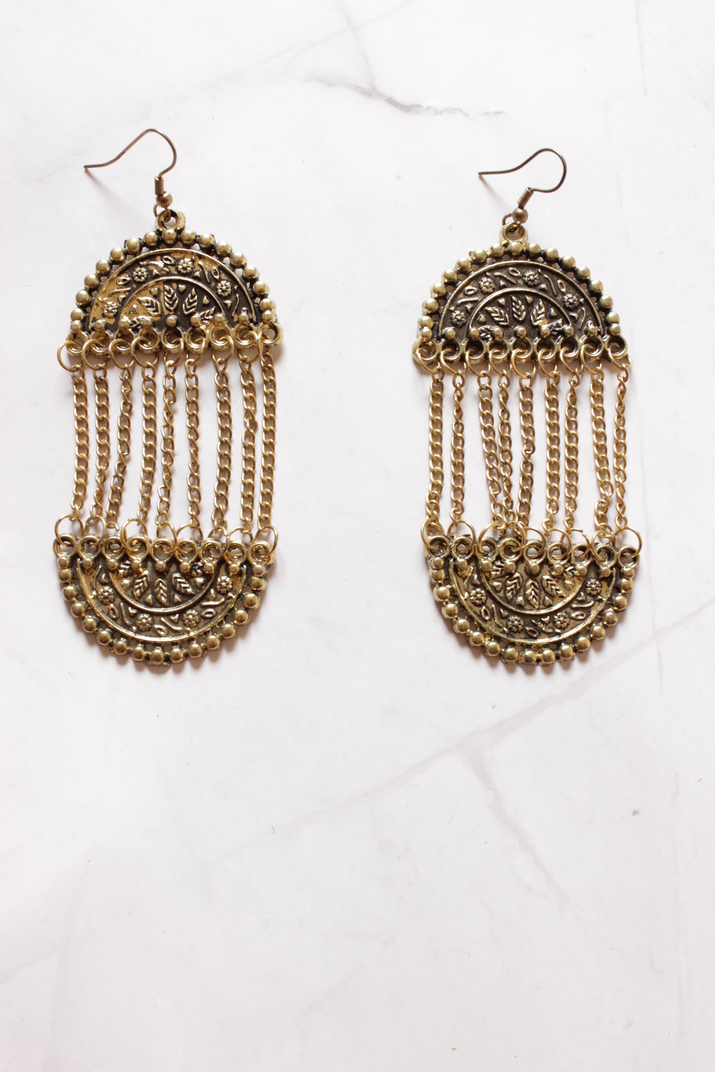 Antique Gold Finish Metal Chain Strands Dangler Earrings