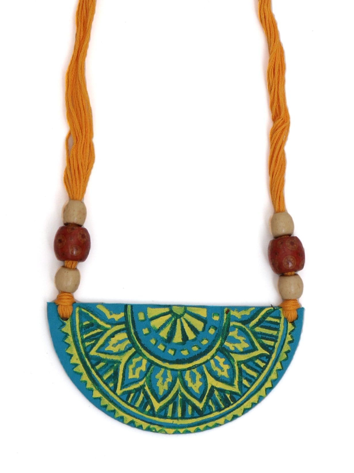 Hand Painted Fabric Necklace Set with Wooden Beads