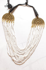 Multi-Layer Hand Braided White Beads Antique Gold Finish Necklace Set