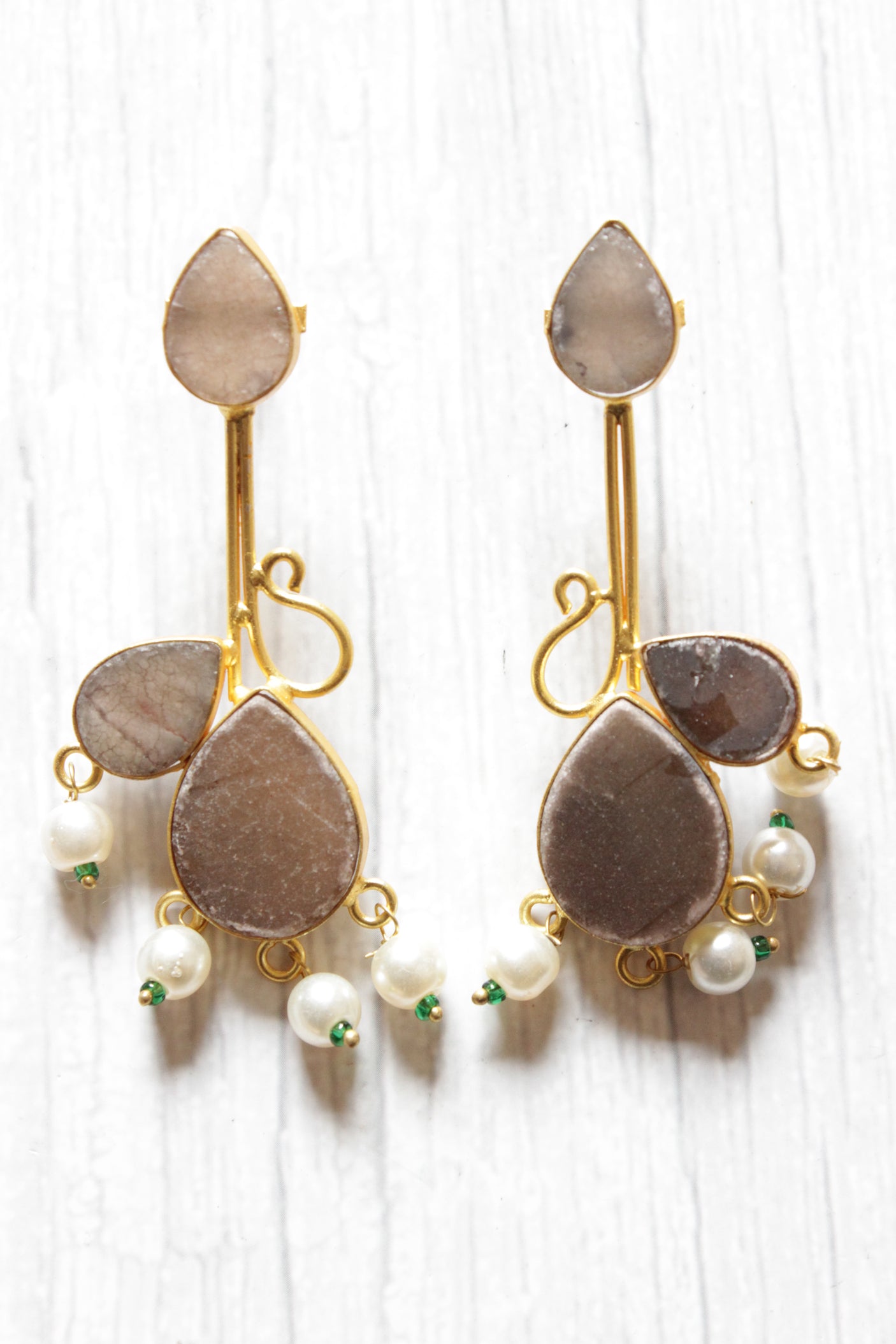 Grey Natural Gemstones Embedded Brass Dangler Earrings