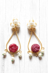 Red Natural Sugar Druzy Gemstone Embedded Gold Plated Brass Dangler Earrings