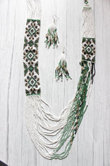 Elegant Green and White Handcrafted Beaded Necklace Set with Dangler Earrings