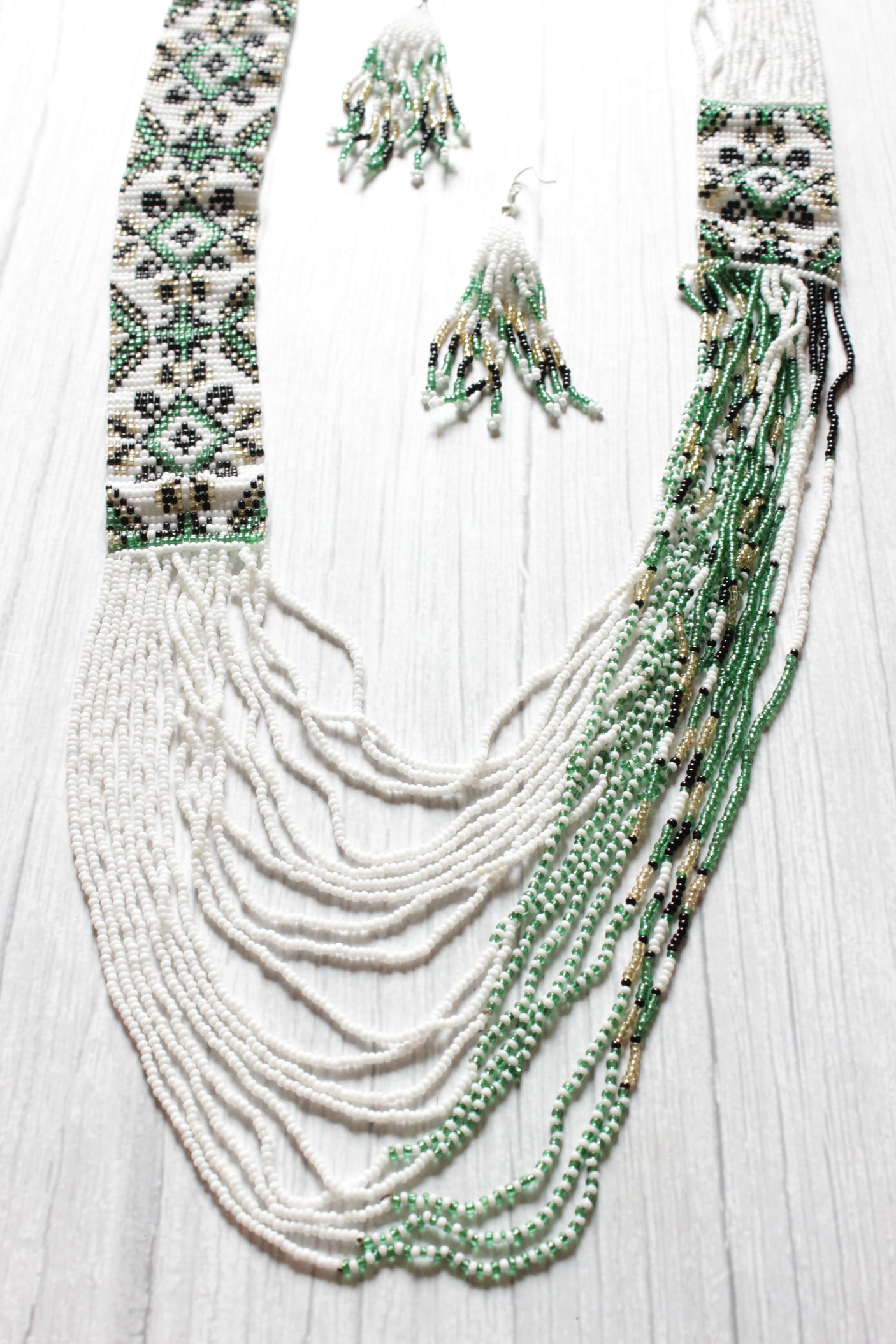 Elegant Green and White Handcrafted Beaded Necklace Set with Dangler Earrings