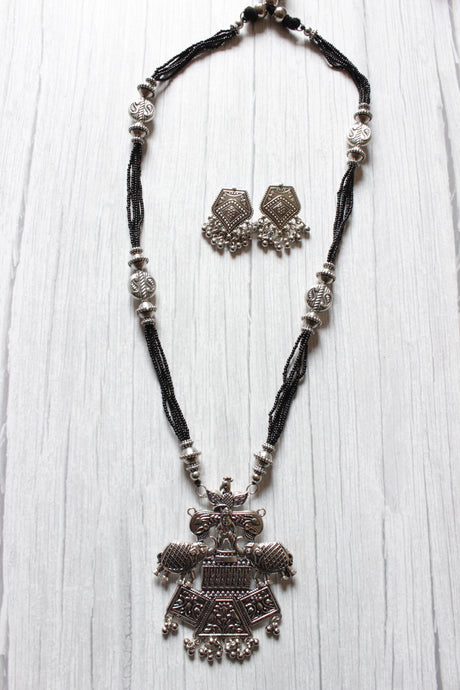 Stringed Black Beads Elephant Motif Pendant Long Necklace Set