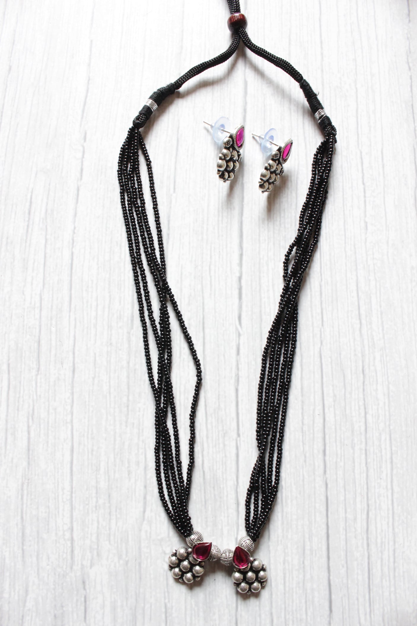 Stringed Black Beads Pink Stone Embedded Mangalsutra Necklace Set