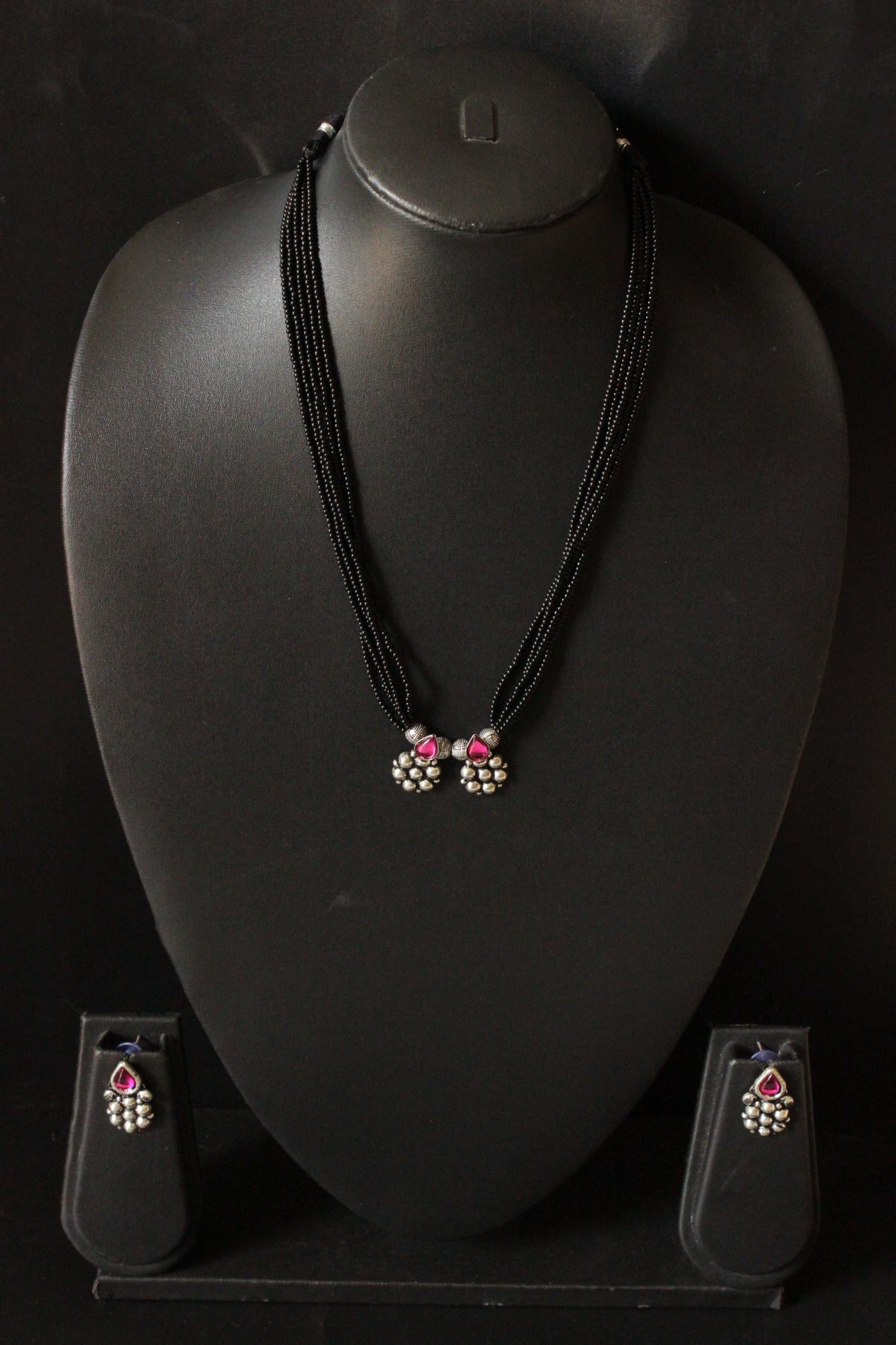 Stringed Black Beads Pink Stone Embedded Mangalsutra Necklace Set