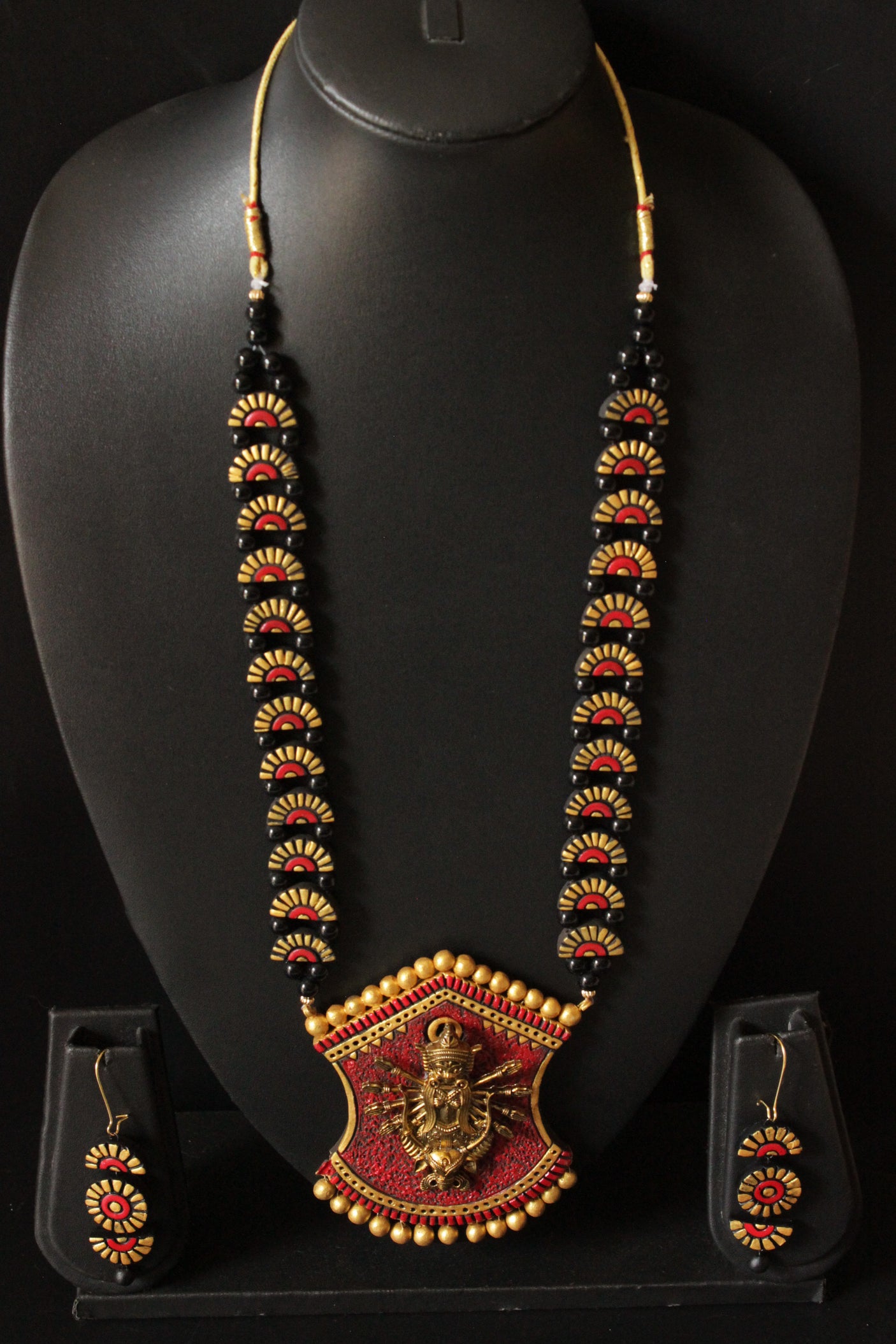 Handcrafted Red, Golden and Black Religious Motif Terracotta Clay Necklace Set