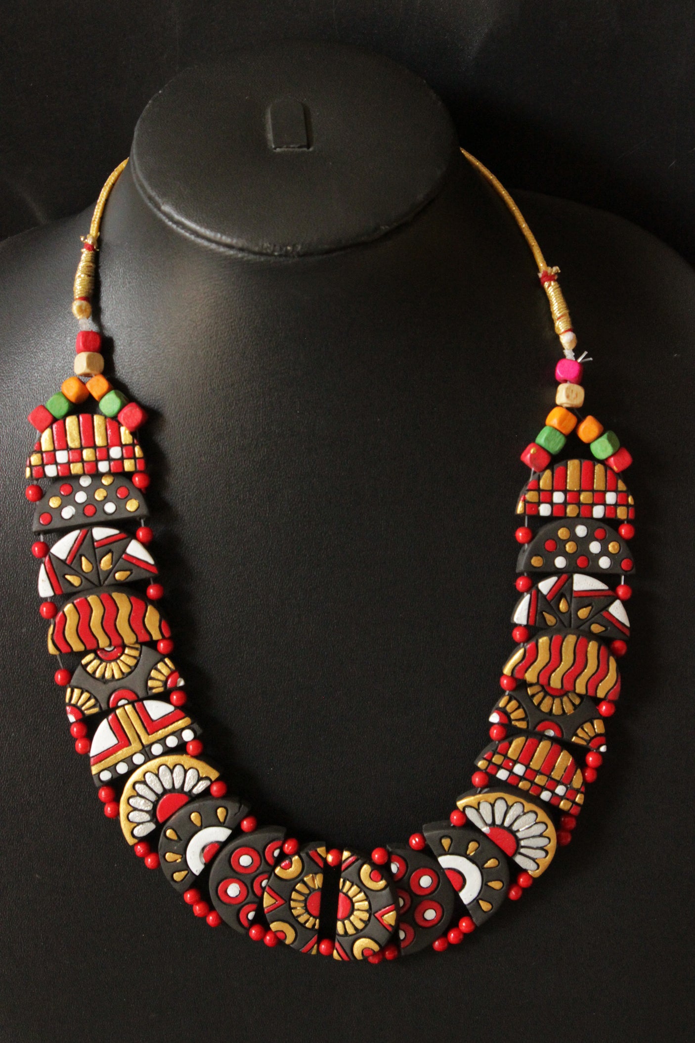 Handcrafted Multi-Color Tribal Motifs Terracotta Clay Adjustable Length Choker Necklace Set