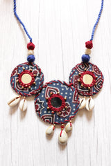 Ajrakh Fabric Cross-Stitched Handcrafted Mirror and Shell Work Necklace