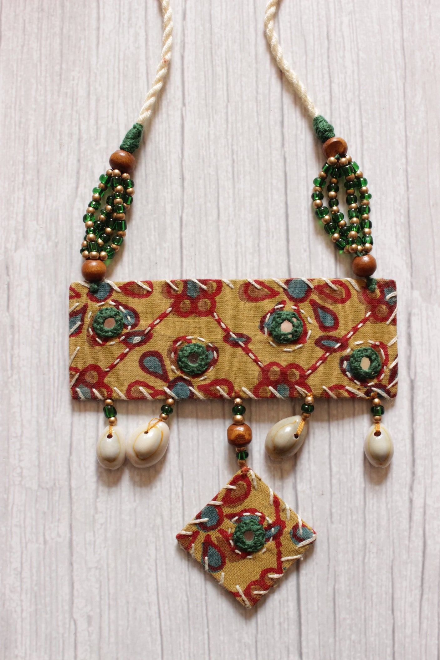 Earthy Mustard Hand Painted Ajrakh Fabric Yellow Statement Pendant Necklace