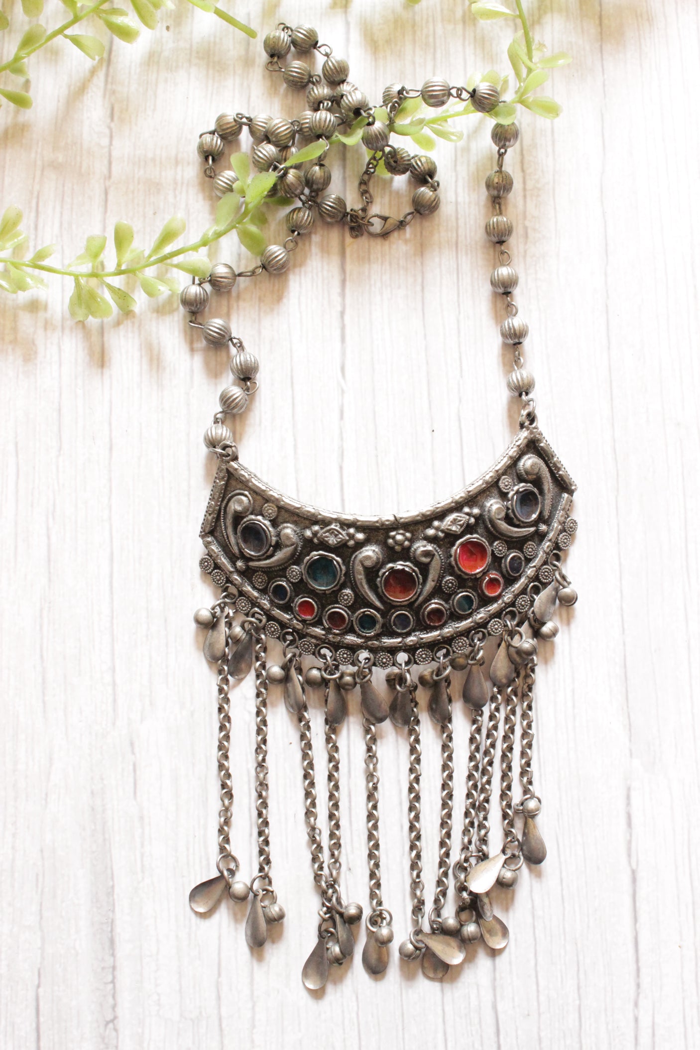 Premium Oxidised Finish Rhinestones Embedded Long Afghani Necklace