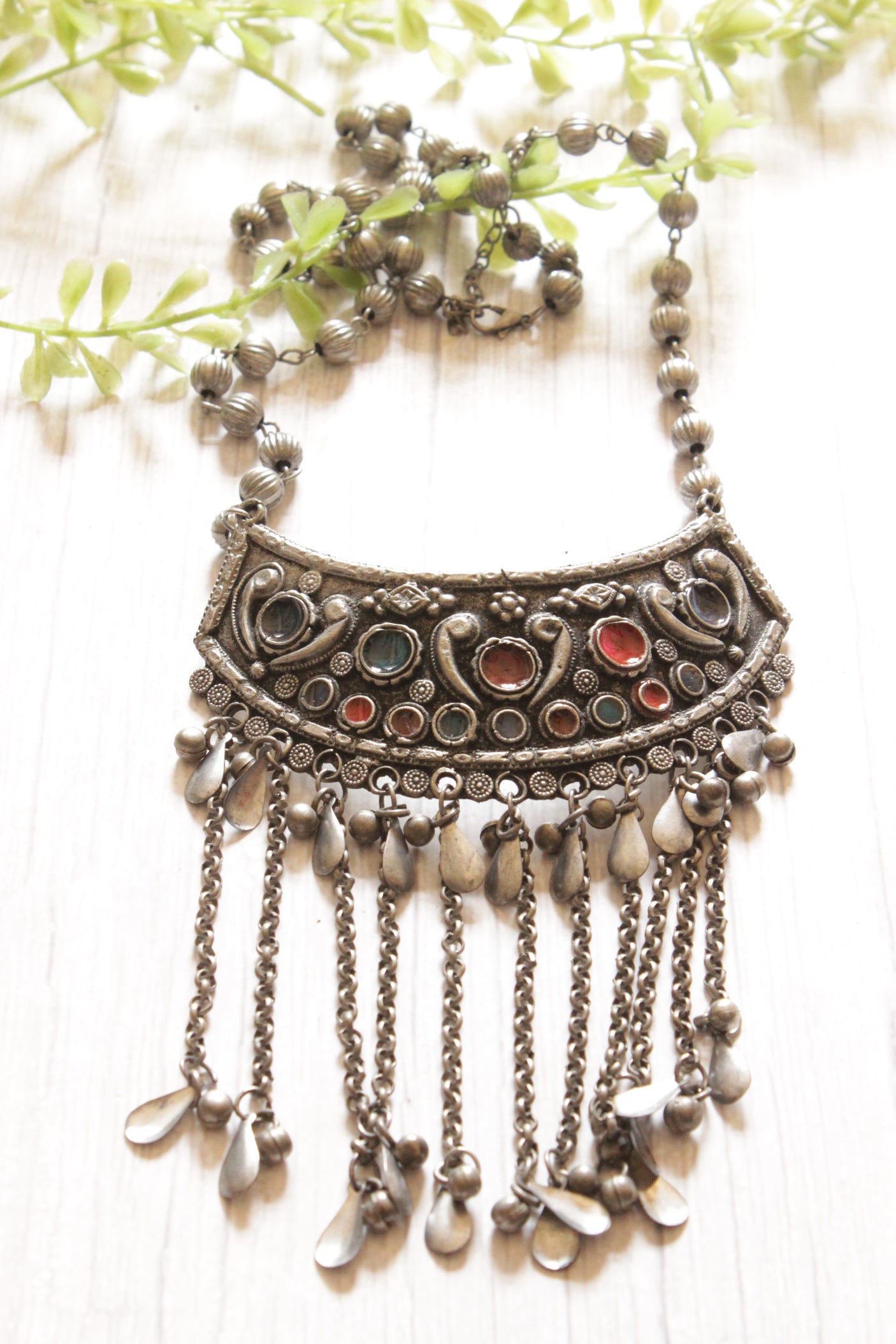 Premium Oxidised Finish Rhinestones Embedded Long Afghani Necklace