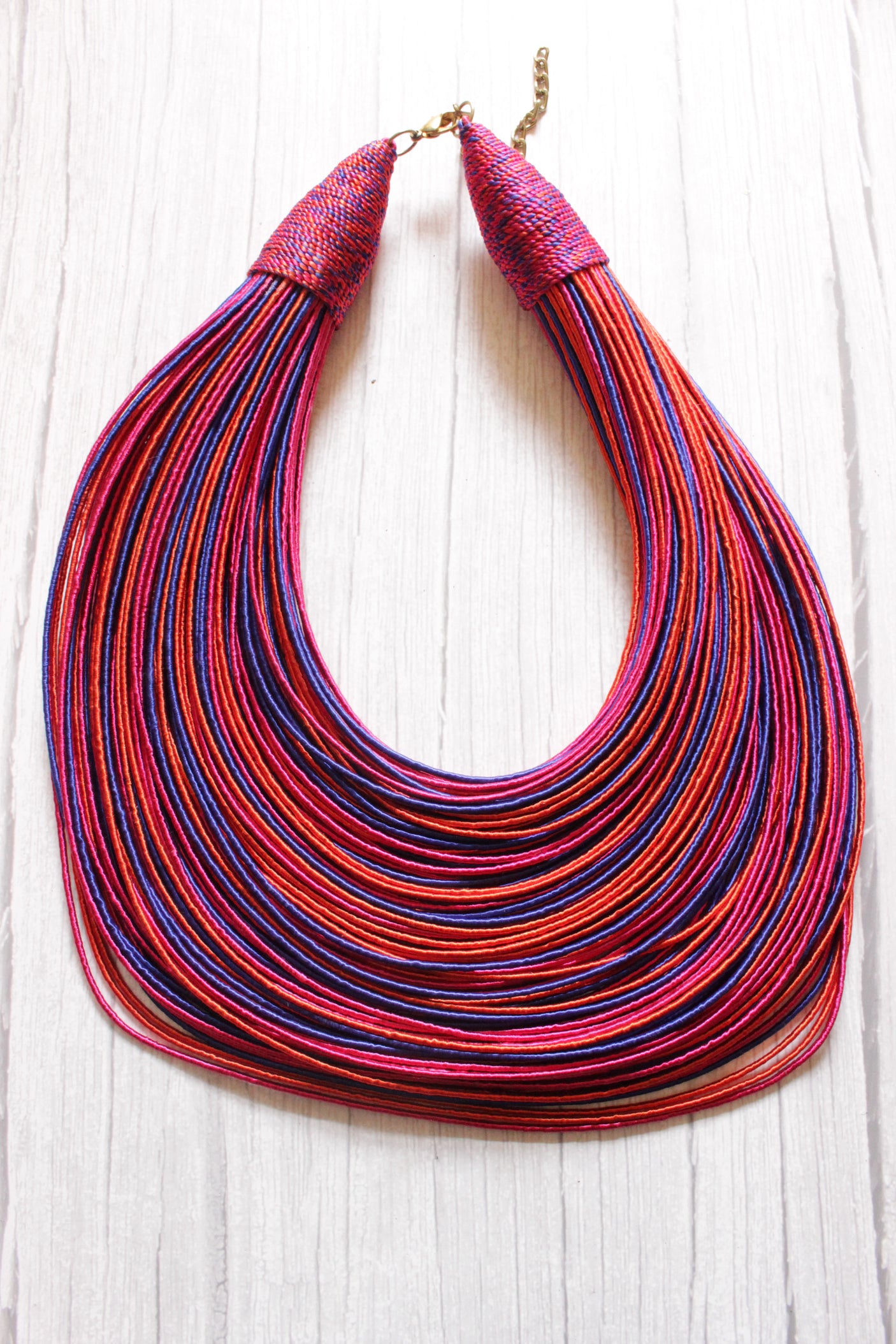 Blue, Pink & Orange Handmade Silk Threads Multi-Layer Statement African Choker Necklace