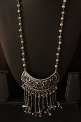 Premium Oxidised Finish Rhinestones Embedded Long Afghani Necklace