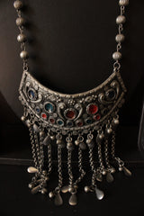 Premium Oxidised Finish Rhinestones Embedded Long Afghani Necklace