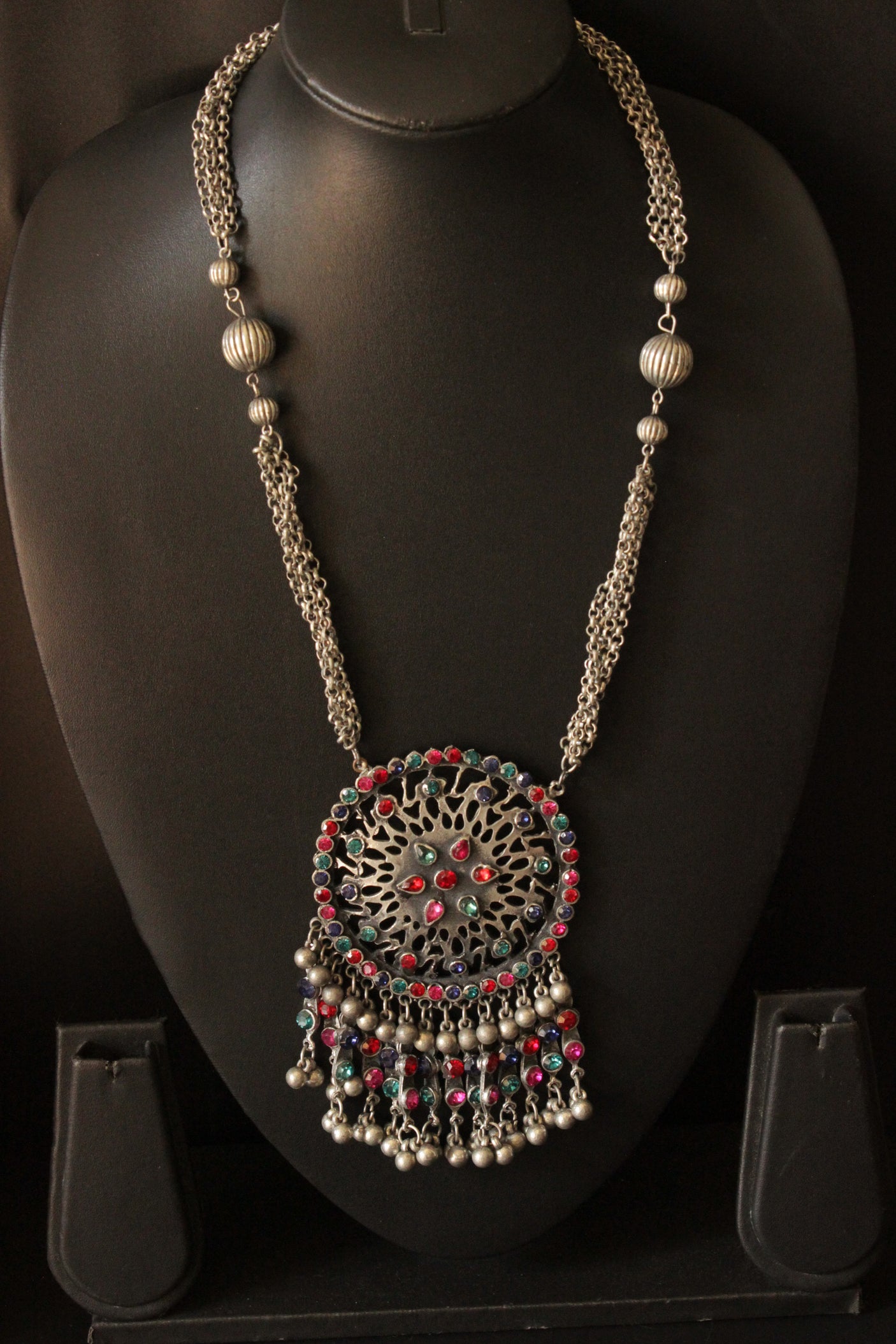 Premium Oxidised Finish Rhinestones Embedded Necklace with Adjustable Thread Closure