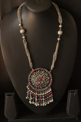 Premium Oxidised Finish Rhinestones Embedded Necklace with Adjustable Thread Closure