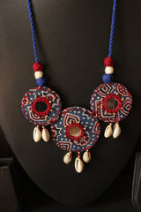 Ajrakh Fabric Cross-Stitched Handcrafted Mirror and Shell Work Necklace