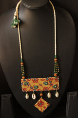 Earthy Mustard Hand Painted Ajrakh Fabric Yellow Statement Pendant Necklace