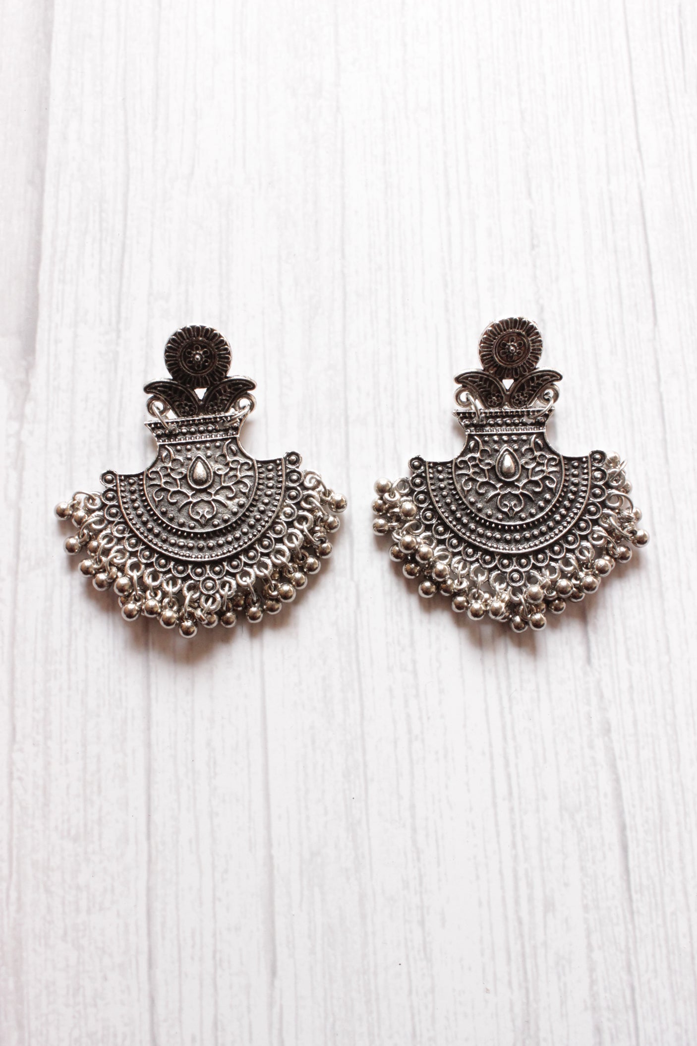 Oxidised Silver Statement Earrings with Metal Beads Detailing